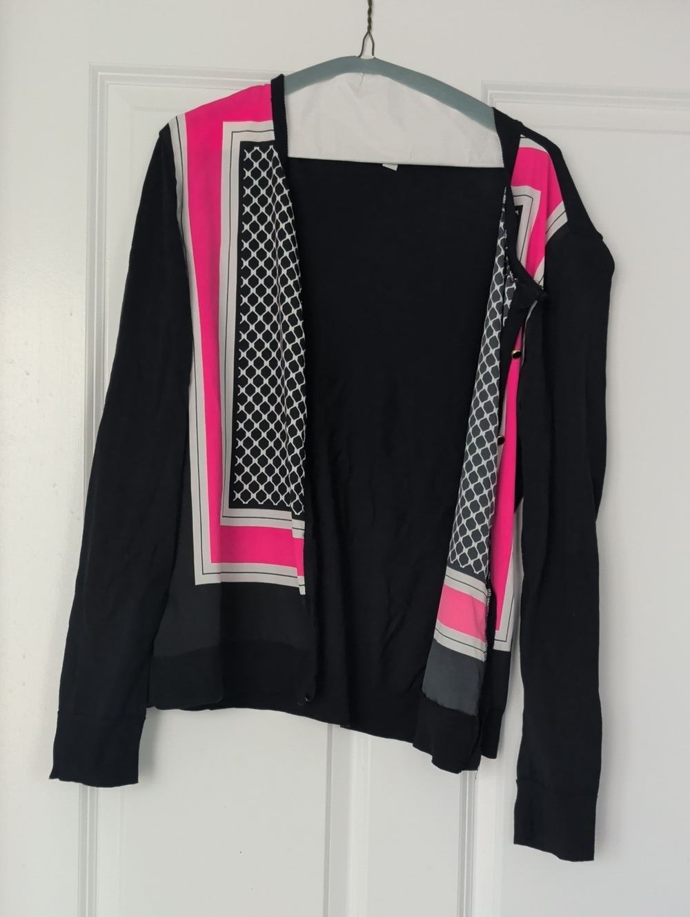 New York & Company Black Cardigan with Hot Pink and White Trim
